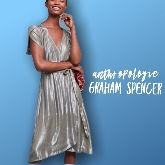 Anthropologie size s silver iridescent wrap party dress graham + spencer - Picture 9 of 9